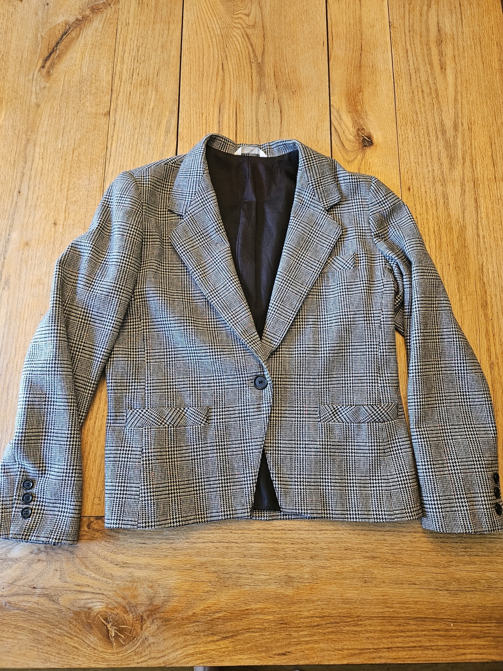 Womens Black & White Glen Plaid Single-Button Blazer